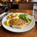 Grilled chicken breast with mashed potatoes topped with cheese, bacon, green onions, and grilled broccoli with a lemon wedge